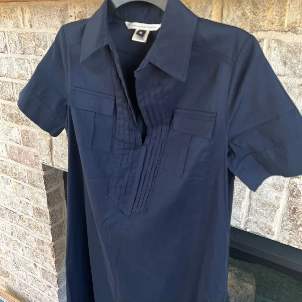 Diane Von Furstenberg Dress Navy Blue Short Sleeve Shirt Dress 6 DVF Designer - Picture 4 of 14